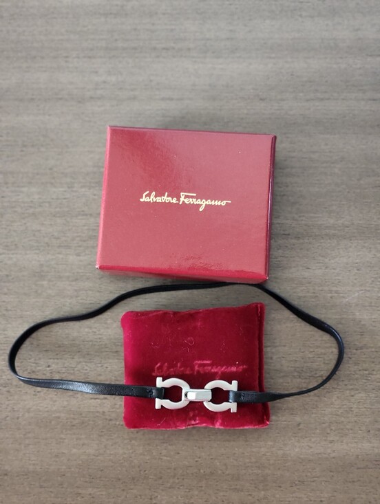 Salvatore Ferragamo Jewelry - Salvatore Ferragamo Gancini Black Leather Choker / Double Wrap Bracelet + Box